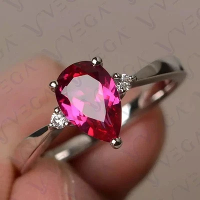 4.20Crt Pear Cut Natural Ruby and Diamond Three Stone Ring 18K White Gold Plated - Image 1 of 4
