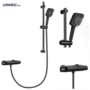 Set doccia nero rubinetto termostatico ripiano 3 getti doccetta asta doccia ripiano - Foto 1 di 13