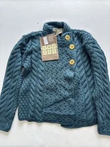 Aran Woollen Mills asymmetrische irische Wollstrickjacke mit Zopfmuster Small - Bild 1 von 4