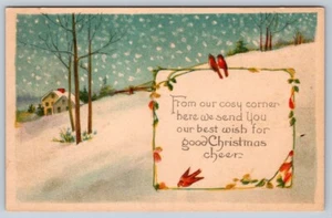 Christmas Cheer, Snowy Rural Scene, Birds, Vintage Greeting Postcard - Bild 1 von 2