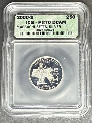 2000-S Silver Proof Massachusetts Quarter ICG PR-70 DCAM, Buy 3 Items Get $5 Off - Image 1 of 2