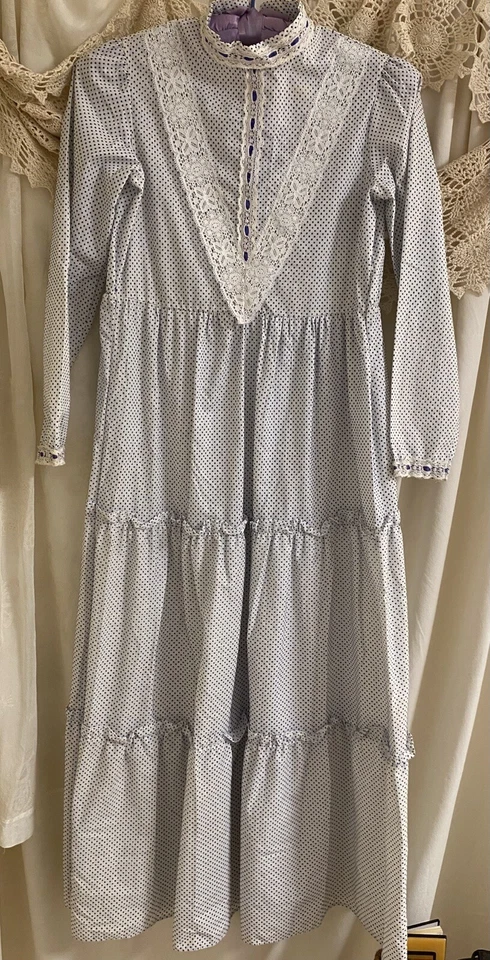 Vintage Prairie Maxi Dress Little Girls JC Penney Sz 12 Swiss Dot White Navy - Image 1 of 4