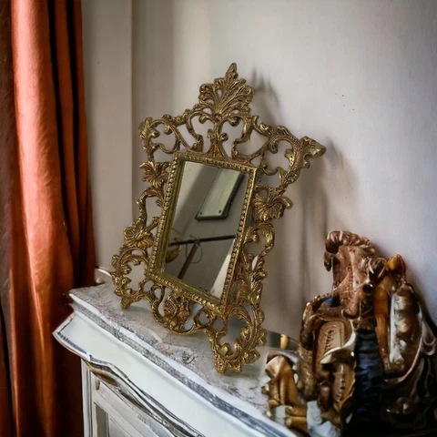 Antique Cast Brass Easel Gilt Vanity Mirror National Brass & Iron Works Rococo Cover