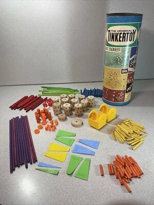 Vintage Tinkertoys Construction Set 225 Wood & Plastic Pieces Some Questor - Image 1 of 4