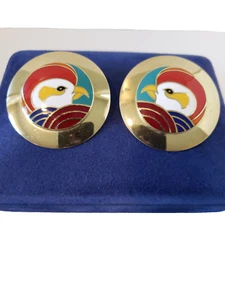 Vintage Designer Signed Szu Whitney, Earrings Large Round Gold Tone Enamel Bird - Picture 1 of 9