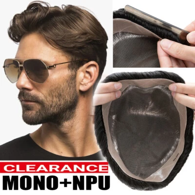 Hair Replacement System Men's Toupee Hairpiece Virgin Human Hair MONO NPU Around - Image 1 of 4