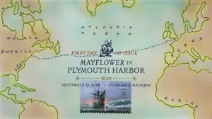 Mapa Peterman pintado a mano, Mayflower en el puerto de Plymouth Sc. #5524 primer día - Imagen 1 de 1