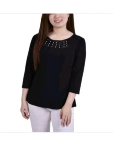 NY COLLECTION 3/4 Sleeve Crepe Knit Top Women's Black Scoop Neck Pullover Sz PXL - Picture 1 of 9