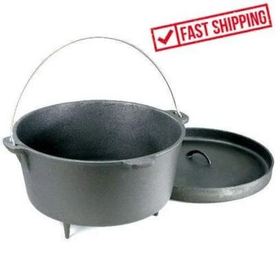 8 Qt Cast Iron Dutch Oven w/ Legs Rimmed Lid Outdoor Kitchen Camping Cookware - Image 1 of 3