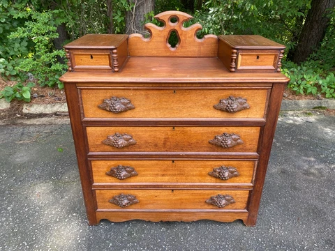 Antique Walnut Dresser w/ Small Handkerchief Drawers & Carved Leaf Handles Cover