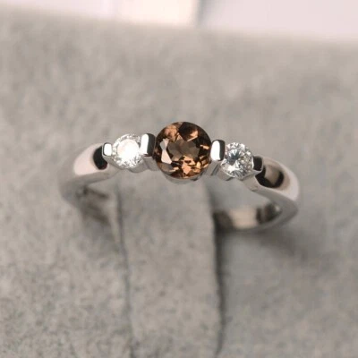 Three Stone Smoky Quartz Ring Natural Gemstone 925 Sterling Silver Women Ring - Image 1 of 4