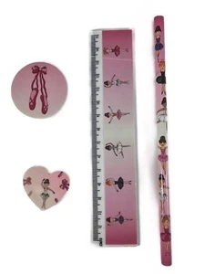 Ballerina Ballet Dancer Set Stationery Heart Eraser Ruler Pencil Sharpener - Picture 1 of 2