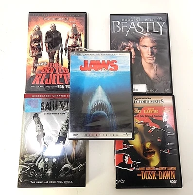 Horror DVDs Lot Of 5 Devils Rejects, Saw VI, From Dusk till Dawn, Beastly, Jaws Foto 1 de 4