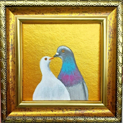 Pigeon Portrait Painting Gift Framed Miniature Bird Couple Original Oil Art 3x3 - Image 1 of 4