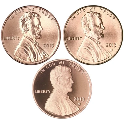 2013 P D S Lincoln Shield Cent Year Set Proof & BU US 3 Coin Lot - Image 1 of 4