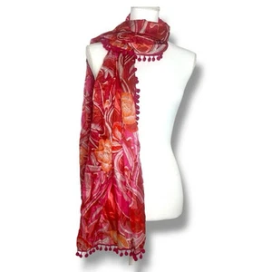 Coldwater Creek 100% Silk Floral Scarf Pink Red Orange Pom Pom Lightweight Boho - Picture 1 of 5