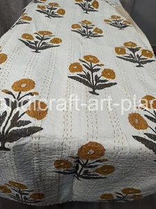 Floral Kantha Quilt Bedspread Throw Cotton Blanket Bedcover Block Art King - Picture 1 of 8