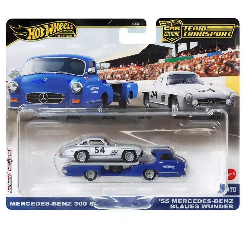 1:64 Hot Wheels Premium 2024 Team Trasporto Mercedes 300 Sl + 1955 Blu Miracolo - Immagine 1 di 1