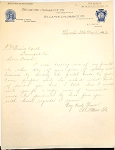 Delaware Insurance Co of Phila 1897 carta en papel Albert Mink Agent - Imagen 1 de 4