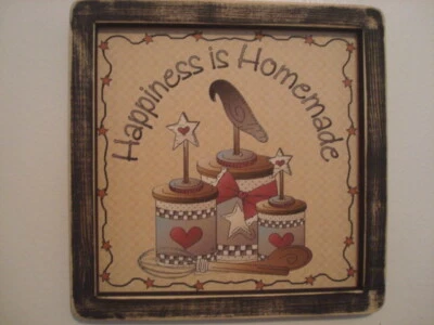 Primitive Country Print **HAPPINESS IS HOMEMADE** in black frame 9" x 9 1/2"  - Image 1 of 3