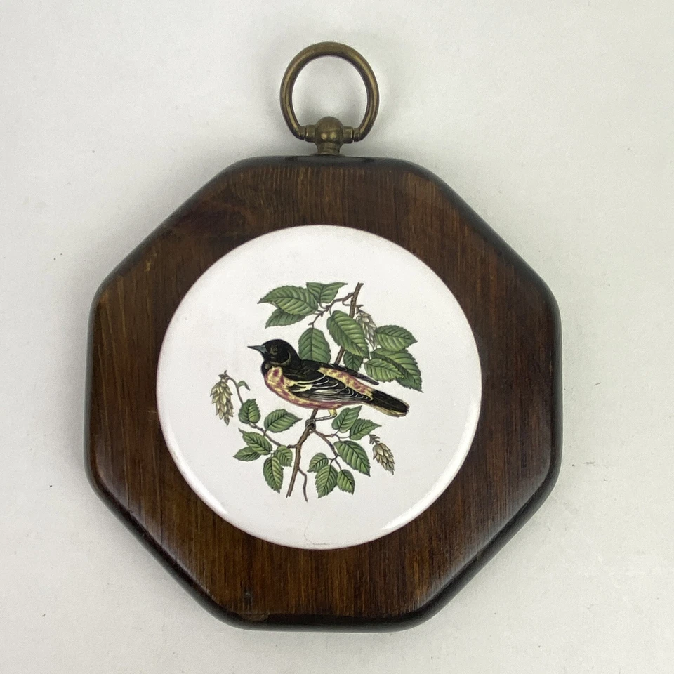 Vtg Wood Mount Framed Round White Tile Baltimore Oriole Bird Wall Plaque Decor - Image 1 of 4