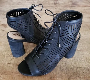 Sam Edelman Black Lace Up Perforated Block Heel Pumps Open Toe Size US 8M EU 38 - Picture 1 of 2