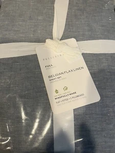 Pottery Barn Belgian flax linen Sheet Set full chambray blue New w tag - Picture 1 of 2