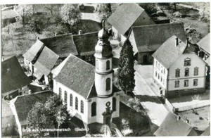 Foto postal Unterschwarzach / Schwarzach / Odenwald imagen aérea iglesia años 50 - Imagen 1 de 1