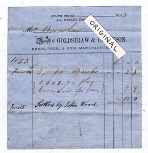 1853 GOLDSTRAW CLARKSON HEATH HOUSE WETLEY ROCKS BRICK WORKS STAFFORDSHIRE BILL  - Picture 1 of 1