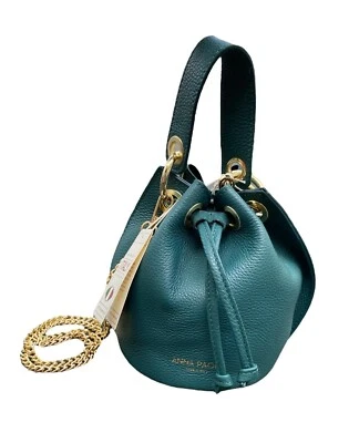 ANNA PAOLA Made In Italy Olive Green Leather Drawstring Crossbody Bucket Bag. - Image 1 of 3