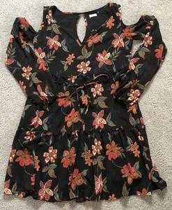 Y2K Hollister Floral Mini Dress Juniors S Black Orange Cold Shoulder Cottagecore - Picture 1 of 9