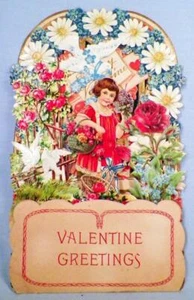 Valentine Card Greetings Girl Doves Daisies Roses Die Cut Vintage Victorian #7 - Picture 1 of 7