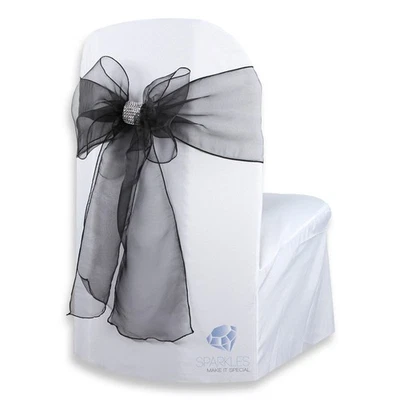 10 pcs Organza Chair Cover Bow Sash 108"x8" - Black - w/ Bow Covers Wedding sb - Image 1 of 4