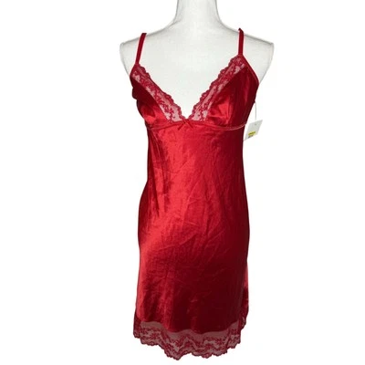Calvin Klein CK Red Satin Lace Chemise Sleepwear M/M Back Cross Slip Lingerie - Image 1 of 4