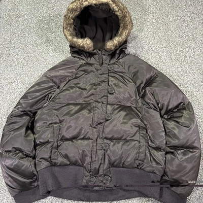 Chaqueta acolchada con capucha de piel sintética Y2K con capucha forrada de piel mediana 19x22 L marrón azul marino antiguo Foto 1 de 4