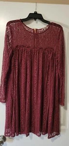 Altar’d State Women’s Maroon Long Sleeve Lace Boho, Prairie Dress Size Large - Picture 1 of 3