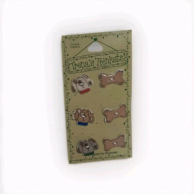 TRENA'S TRINKETS Dog Faces Bones,  CERAMIC NOVELTY BUTTONS CARD #THB-17 1996 - Image 1 of 4
