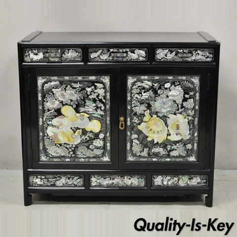 Vintage Korean Mother of Pearl Oriental Black Lacquer Oriental Cabinet Cover