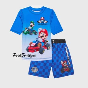 Super Mario Kart Swimsuit Set Swim Trunks Rash Guard Boys Luigi 4 5 6 7 8 10 12 - Picture 1 of 6