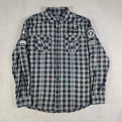 Y2K Ecko Unltd Long Sleeve Roll Tab Black Plaid Button Up Shirt Mens XL Military - Image 1 of 4