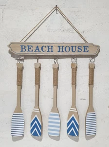 Oars Wall Hanging Wooden Blue and White x 5 Beach House Decor 38cm NEW - Photo 1 sur 2