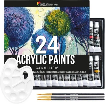 ZENACOLOR 24 X 12ml Acrylic Paint Selection Pack Arts & Crafts Hobby & Fun Educational