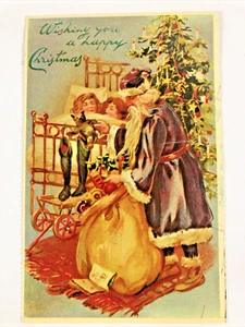 Antique Christmas Postcard Replica German Style Santa Clause stuffing Stockings - Picture 1 of 6