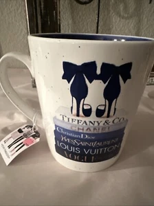 Large Amanda Greenwood Blue Bow Shoes Desinger Labels White Mug NEW - Picture 1 of 5