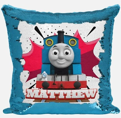 Personalised Thomas Tank Engine Any Name Magic Reveal Sequin Cushion Cover 1 - Image 1 of 4