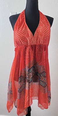 Women'sOne Size Semi-Sheer  Orange Floral  Print Halter Top Bikini Cover-Up - Image 1 of 4