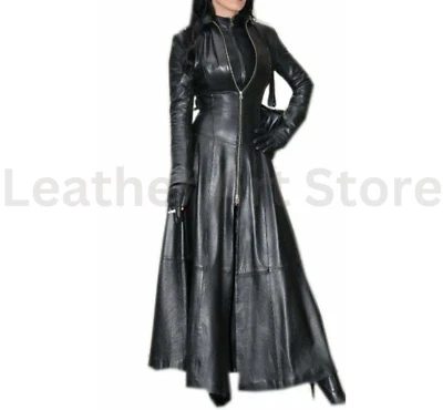 Womens Black Leather Trench Coat Steampunk Gothic Long Coat Winter Jacket Matrix - Image 1 of 2