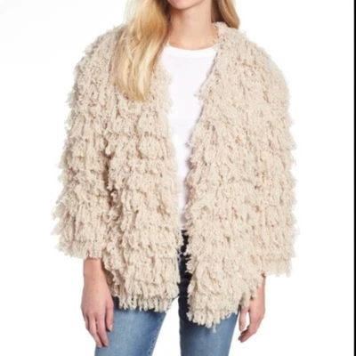 Lou & Grey Oversized Shaggy Fringe Cardigan Jacket Ivory Wool Blend — 第 1/4 张图片