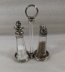 AST. DESIGN PEWTER SANTA AND SNOWMAN SALT & PEPPER GLASS SHAKERS WITH STAND - Picture 1 of 7
