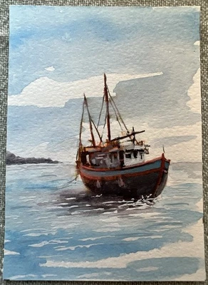 ACEO ORIGINAL Landscape “Fishing Off Shore” Artist Kev Vardy 2025 - Image 1 of 2